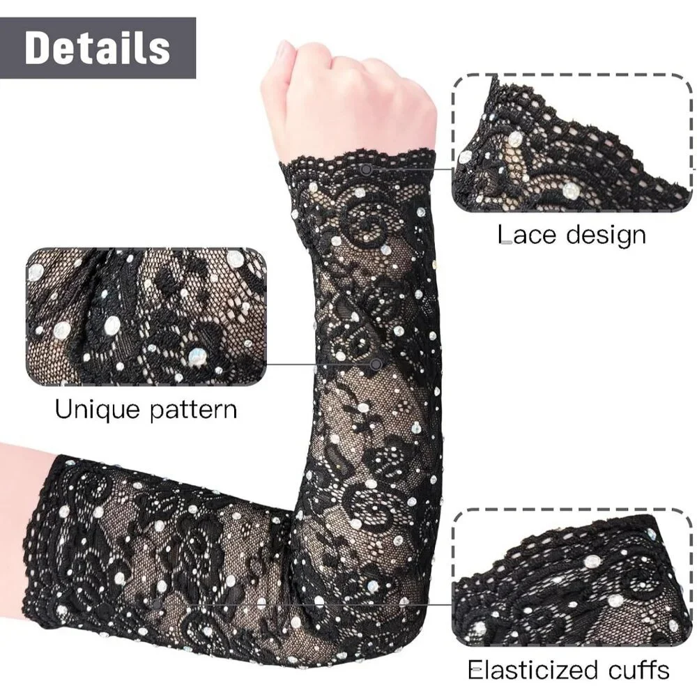 Women's Diamond Black Fingerless Lace Arm Sleeves Gloves Wedding Dress Prom